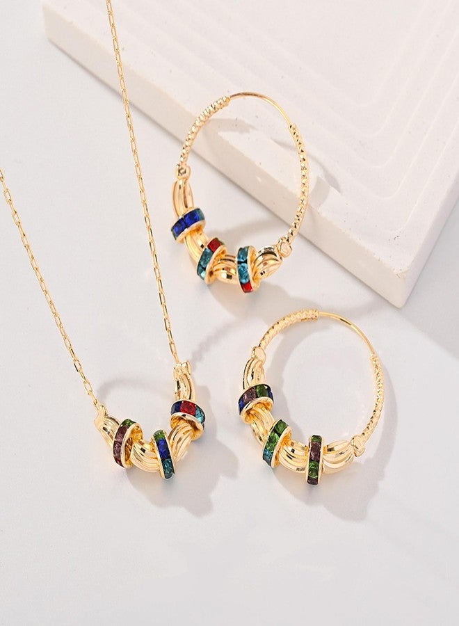 disclean Women's Gold Tone Twisted Hoop Earrings and Necklace Set with Colorful Simulated Gemstones - Fashionable Jewelry Set - Image 3